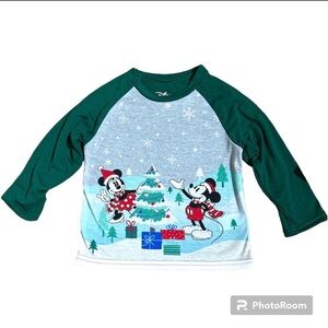 Disney Mickey Minnie Christmas Shirt Toddler Green Raglan Long Sleeve Top Sz4